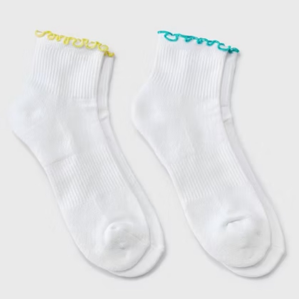 JoyLab Lettuce Edge Ankle Socks 2 Pack White Turquoise Yellow NWT Cute